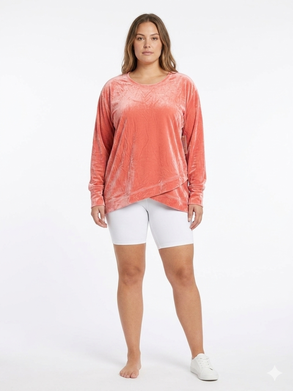 Velvet Asymmetrical Long-Sleeve Top - Coral Pink Up To Size 3XL